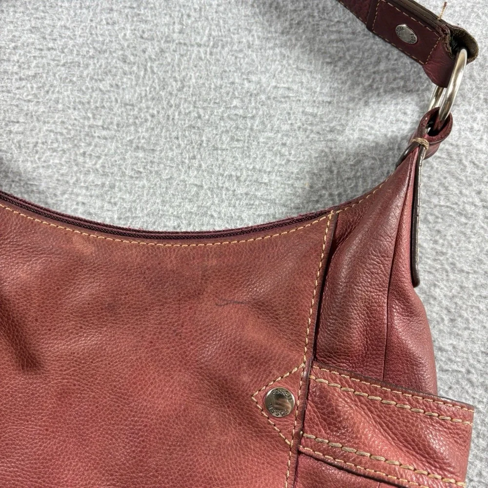 VTG Fossil Red Pebbled Leather Hobo Shoulder Bag Y2K Slouchy Purse Side Pockets